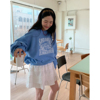 秒发！减龄学院风24早春韩国圆领图案印花蓝色卫衣+短款半身裙女