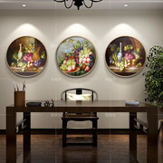 纯手绘油画欧式餐厅水果，装饰画手工客厅，圆形挂画古典静物葡萄壁画