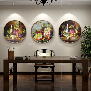 纯手绘油画欧式餐厅，水果装饰画手工客厅，圆形挂画古典静物葡萄壁画
