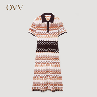 OVV2024春夏女装镂空撞色几何POLO领针织短袖连衣裙