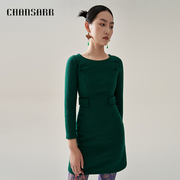 香莎chansharr复古气质墨绿羊毛，针织圆领连衣裙，修身显瘦短裙