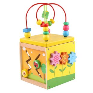 木制益智玩具多功能四面绕珠百宝箱宝宝串珠婴幼儿童，形状配对玩具