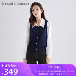 breadnbutter同款衬衫，拼接假两件雪纺长袖蕾丝领口针织上衣