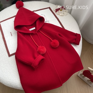 小红帽款双面羊绒大衣，可爱精灵帽女童羊毛呢，a字中长款宝宝外套