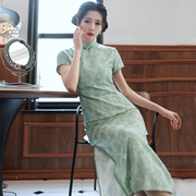 青绿色旗袍2024年夏中国风复古中袖气质名媛性感连衣裙中长款