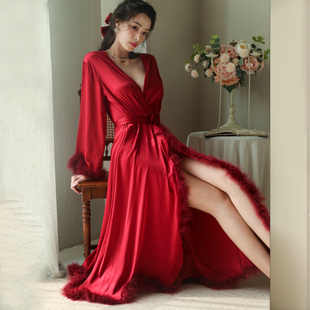 新中式晨袍女新娘婚礼伴娘团羽毛，高级感法式结婚红色睡衣长款秋冬