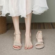 名媛一字扣高跟凉鞋女粗跟夏季法式珍珠，伴娘鞋中跟舒适不累脚3cm