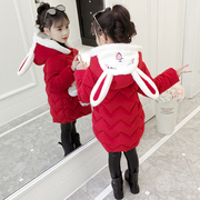 女童冬装棉衣2024棉袄加绒厚外套儿童中长款红色拜年羽绒棉服