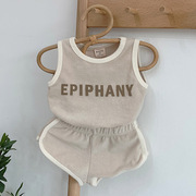 婴儿纯棉休闲背心套装男宝宝夏季字母无袖运动T恤短裤两件套韩版