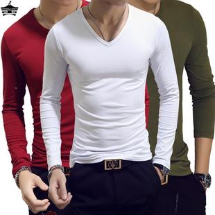 紧身t恤男长袖纯色v领打底衫，健身上衣修身韩版型(韩版型，)男装高弹力(高弹力)莱卡棉