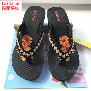 越南平仙时尚中跟夏季人字拖，女坡跟外穿厚底青年坡跟凉拖沙滩拖鞋