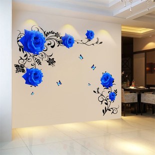 蓝玫瑰房间墙壁装饰品卧室，墙面3d立体墙贴画贴花墙画自粘墙纸贴纸