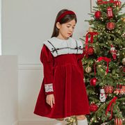 女童连衣裙韩国童装，berryberry2022冬季圣诞拜年金丝绒，毛领公主裙
