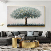 高档生命之树发财树手绘油画绿色，轻奢现代装饰画，客厅横版立体肌理