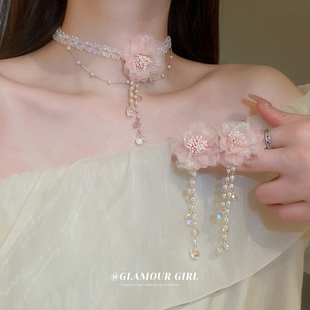粉色花朵项链2023珍珠锁骨链女高级感夸张婚纱脖子配饰