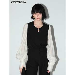 cocobella设计感黑白撞色透视灯笼袖衬衫女春气质通勤上衣sr99