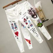 女生百搭个性印花白色牛仔小脚裤Statement-print white leggings