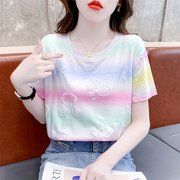 彩虹条纹短袖t恤女夏季兔子印花设计感半袖体恤百搭纯棉上衣