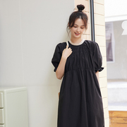 薇语大码女装韩版夏季简约气质圆领褶皱感高腰泡泡袖长款连衣裙
