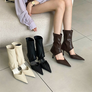 品牌鞋镂空低跟靴子女，2023年秋季尖头，细跟弹力瘦瘦靴时装短靴