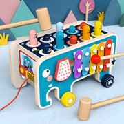 木制卡通打地鼠玩具 拖拉车敲击地摊创意游戏儿童早教积木玩具车