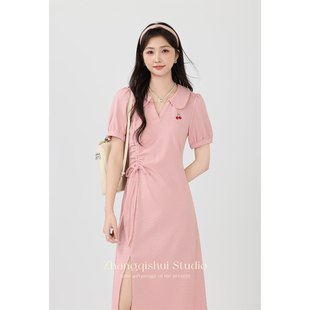 粉色甜美短袖连衣裙女夏季小众设计感收腰绑带显瘦a字冰丝针织裙