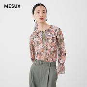 MESUX米岫雪纺印花法式复古透视双翻领系带长袖衬衫女MKSUD501