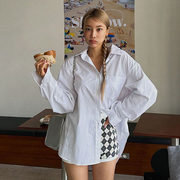 韩国女装LAG2023秋季纯色宽松百搭单排扣翻领长袖中长款衬衫