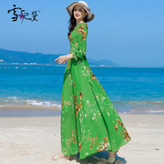 夏季绿色雪纺长袖碎花，连衣裙女长款到脚踝2024年沙滩，度假裙子