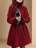 设计感气质红色毛呢外套女2022年冬季针织拼接收腰呢子大衣