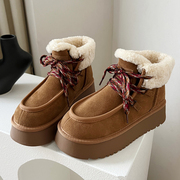 雪地靴女冬季系带厚底增高真皮复古百搭加绒加厚时尚防滑毛毛短靴