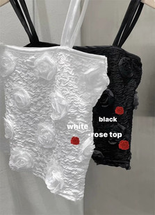 exclusivetype韩国个性设计玫瑰立体花朵，装饰短款吊带背心上衣