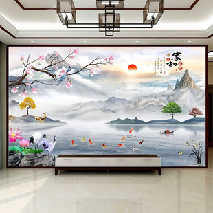 中式电视机背景墙壁纸客厅，3d立体墙贴自粘山水，墙布装饰影视墙壁画