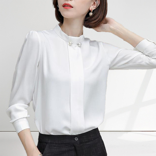 今年流行白色雪纺衬衫，女韩版宽松2022秋季长袖，立领ol春秋