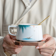 云尚 手绘荷花咖啡杯陶瓷马克杯带勺下午茶杯子家用办公杯水杯