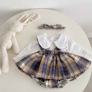 ins2023春装婴幼儿童女格子吊带，裙裤+娃娃领打底上衣2件套装