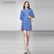 KAMUMEI夏季女装2024气质天蓝色泡泡袖收腰显瘦格纹连衣裙女