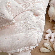 粉色蝴蝶结刺绣保暖牛奶绒，四件套冬季珊瑚，绒公主风少女床上用品