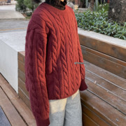 日式冬季男女童枣红色针织羊毛套头衫大童宽松刺绣标保暖针织上衣