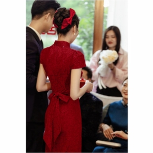 红色旗袍敬酒服2023新娘，高级感冬季小个子回门服中式订婚礼服