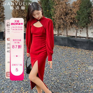 韩语琳秋冬复古民国风灯笼，袖性感漏背开叉红色连衣裙女