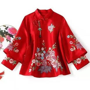 唐装女装中国风秋季复古民族，风刺绣绣花红色，中式盘扣改良旗袍上衣