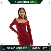 香港直邮潮奢 ASOS 女士设计长袖圆领迷你带口袋酒红色连衣裙