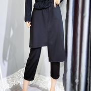 欧货夏季女裤2023黑色，裤子设计感假两件七分裤，八分直筒铅笔裤