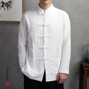秋季中国风盘扣亚麻衬衫，男士宽松长袖棉麻，上衣中式男装复古风衬衣