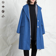 拾卡冬季时尚宝蓝色气质高级感中长羊毛呢大衣原创设计A406NL5243