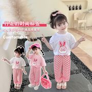 韩系女童套装夏装防蚊裤运动套卡通，女宝夏季中小童亲子装