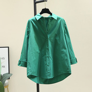 绿色长袖棉布衬衫女中长款上衣2024春季纯色，简约百搭衬衣开衫