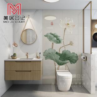 新中式卫生间马桶浴室古典手绘荷花，壁画艺术瓷砖画背景墙墙砖岩板