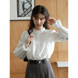 mixabo春季法式白衬衫，女立领木耳边长袖，衬衣设计感宽松娃娃衫
